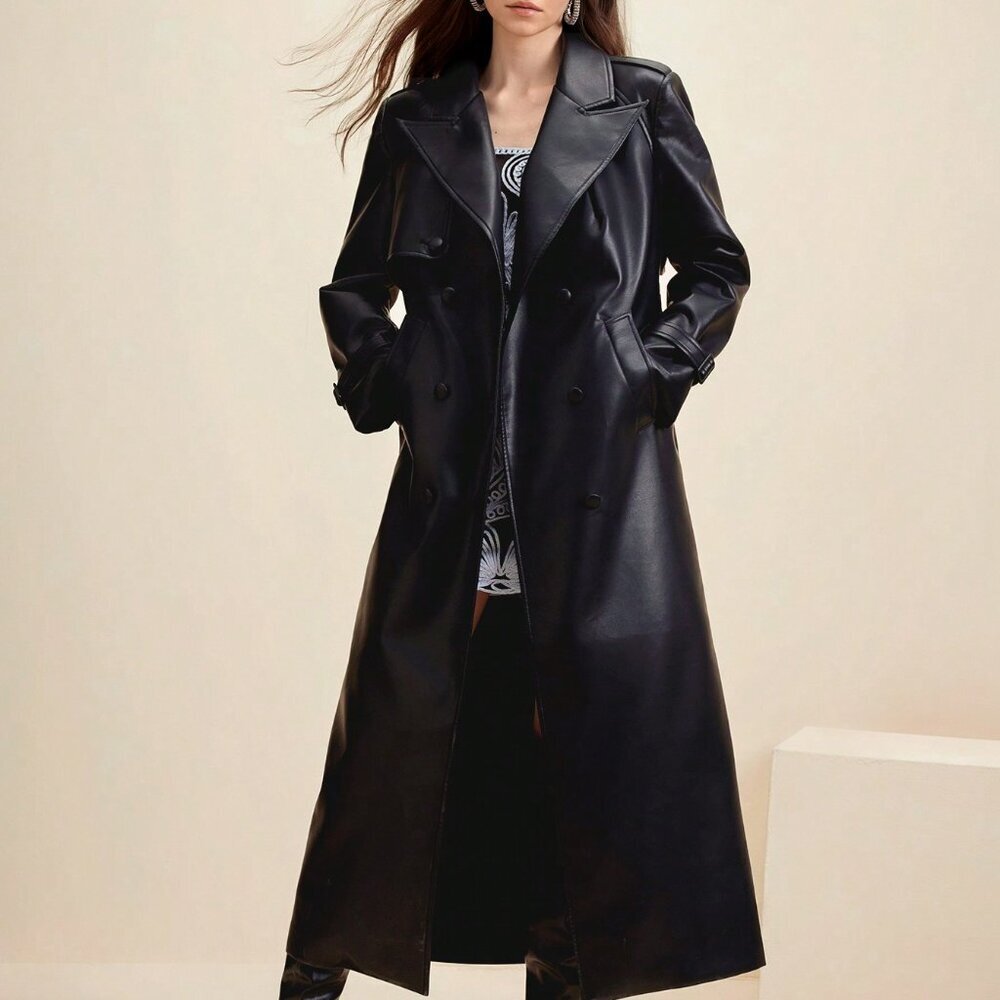 Black Elegant Women's faux Leather Jacket Trench Coat Casual Outerwear - Picture 4 of 7